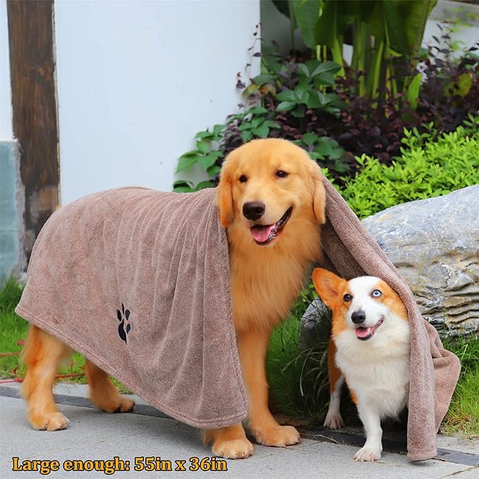 Extra Large Dog Towels for Drying Dogs Super Absorbent Soft Microfiber Pet Bath Grooming Towel for Dogs Cats and Other Pets (XL-55" * 36", Brown)