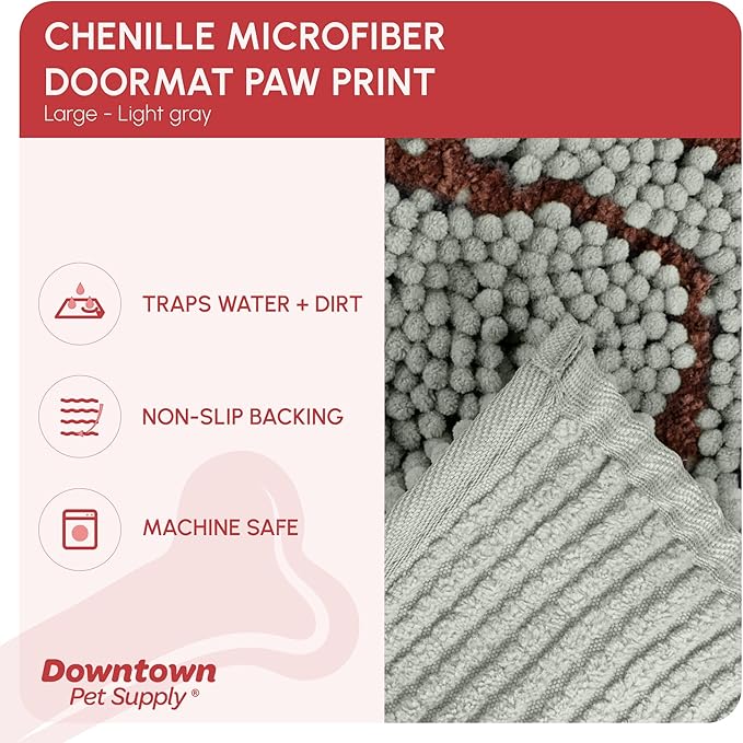 My Doggy Place Microfiber Dog Mat for Muddy Paws, 36" x 26" Light Gray With Paw Print - Absorbent Quick-Drying Cleaning, Washer and Dryer Safe - Non-Slip Rubber Backed Pet Mat, Large