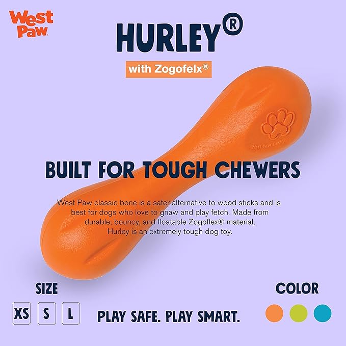 WEST PAW Zogoflex Hurley Dog Bone Chew Toy – Floatable Pet Toys for Aggressive Chewers, Catch, Fetch – Bright-Colored Bones for Dogs – Recyclable, Dishwasher-Safe, Non-Toxic, Small, Tangerine