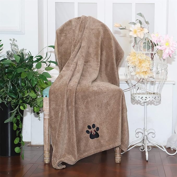 Extra Large Dog Towels for Drying Dogs Super Absorbent Soft Microfiber Pet Bath Grooming Towel for Dogs Cats and Other Pets (XL-55" * 36", Brown)