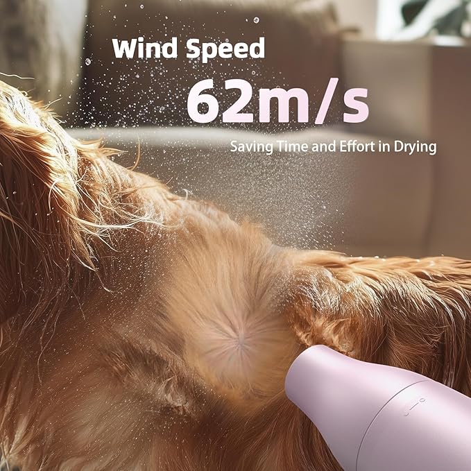Dog Blow Dryer for Pet Grooming Handheld Lightweight Dog Cat Hair Dryer 3 Speeds 4 Temp, Portable 3HP High Velocity Pet Blower Quiet Dryer for Travel Campaign Home, with 3 Nozzles, Pink