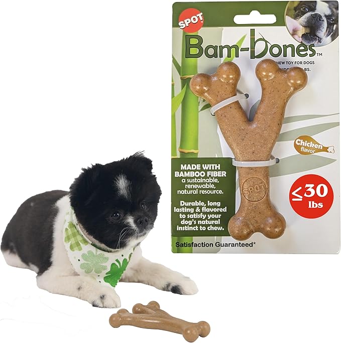 SPOT Bam-Bones Wishbone - Made with Strong Bamboo Fiber, Durable Long Lasting Dog Chew for Light to Moderate Chewers, Great Toy for Adult Dogs & Teething Puppies Under 30lbs, 5.25in, Chicken Flavor