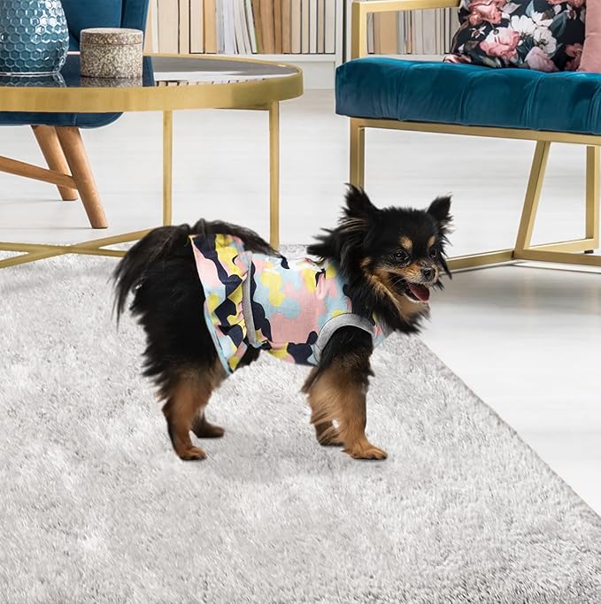 Juicy Couture Color Camo 95 Cheer Dog Dress – Pullover Design Puppy Shirt with Elasticated Waistline and Flared Skirt, Doggie Clothes for Convenient Bathroom Breaks