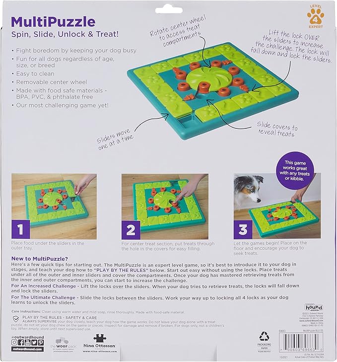 Outward Hound by Nina Ottosson Multipuzzle Level 4 Expert Dog Treat Puzzle for Enrichment, Blue