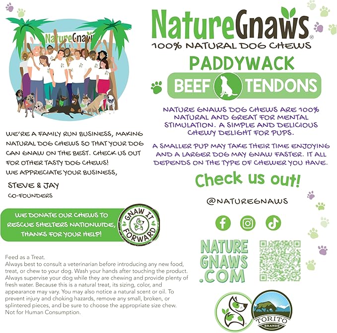 Nature Gnaws Beef Paddywack Tendons for Dogs 5-6" (10 Count) - Long Lasting for Aggressive Chewers - Natural Beef Dog Chew Bones - Rawhide Free